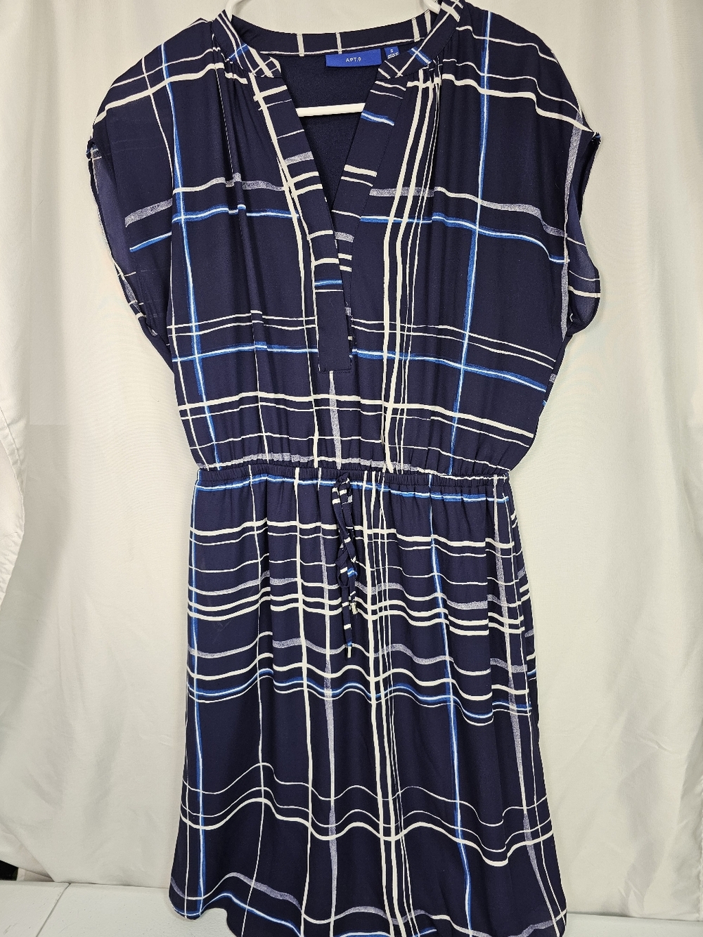 APT. 9 Navy Plaid Drawstring Waist Dress
